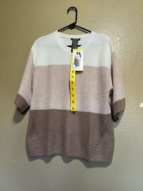 Matty M Neutral Colorblock Crewneck Sweater in White and Brown brand New